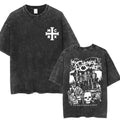Retro Gothic Cross Graphic Streetwear Tee With Manga-Inspired Minimalist Design