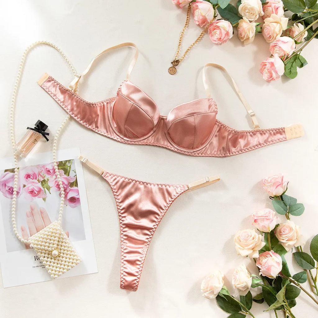 Lustrous Ruched Satin Demi Bra and Minimalist String Thong Set