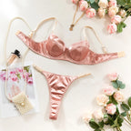 Lustrous Ruched Satin Demi Bra and Minimalist String Thong Set