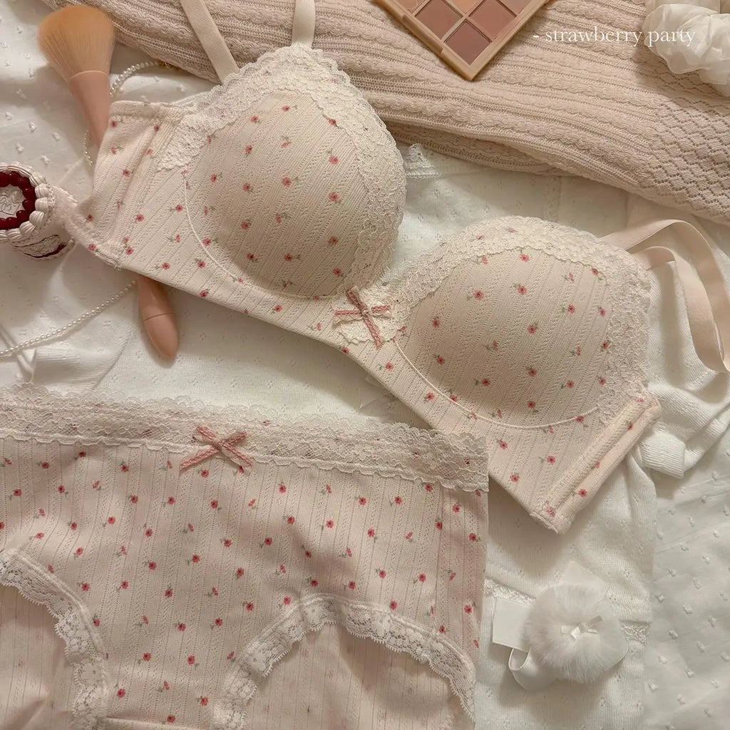 Soft Cream Dotted Floral Wire-Free Bralette and Panty Set with Delicate Lace Trim