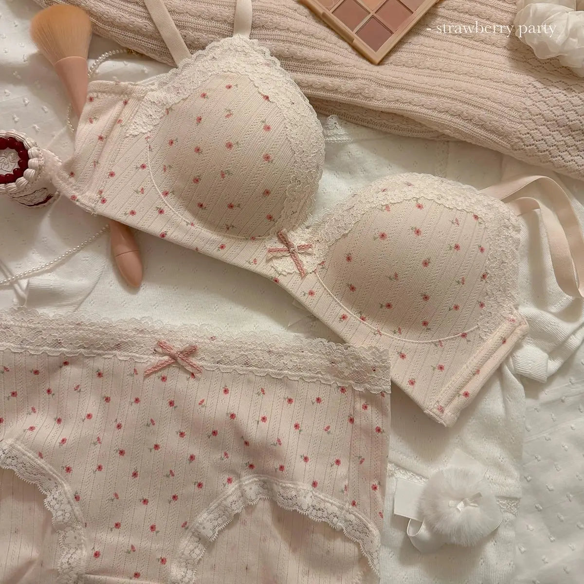 Soft Cream Dotted Floral Wire-Free Bralette and Panty Set with Delicate Lace Trim