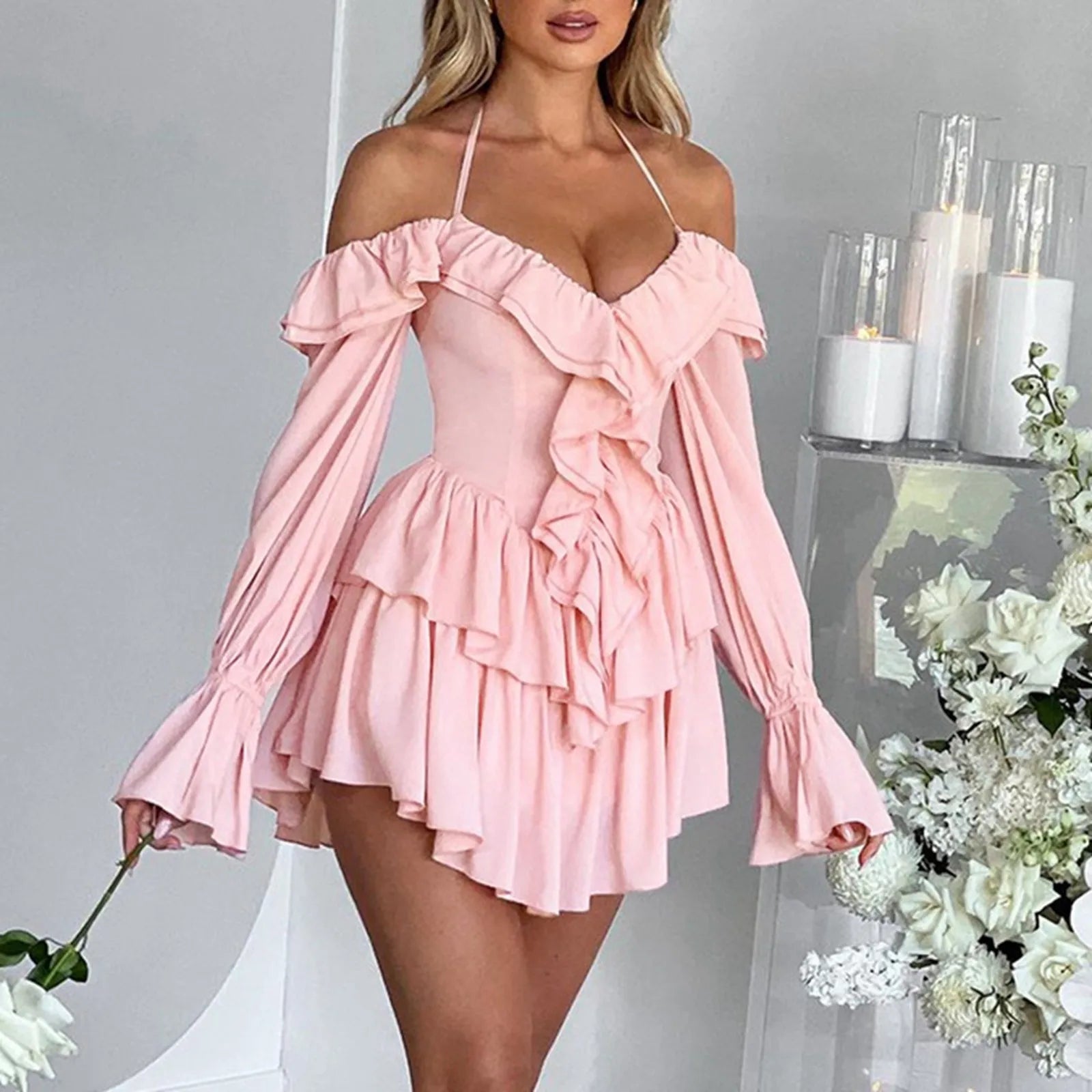Off Shoulder Ruffle Tiered Mini Dress With Flowy A-Line Party Silhouette