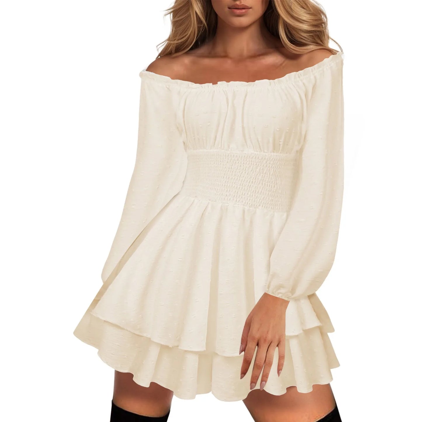 Off Shoulder Layered Ruffle Mini Dress with Flowing A-Line Silhouette