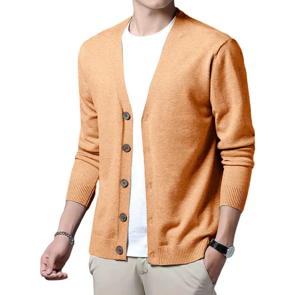 Men's V Neck Button Front Cardigan with Lightweight Ribbed Knit Construction