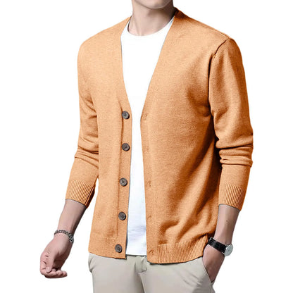 Men's V Neck Button Front Cardigan with Lightweight Ribbed Knit Construction