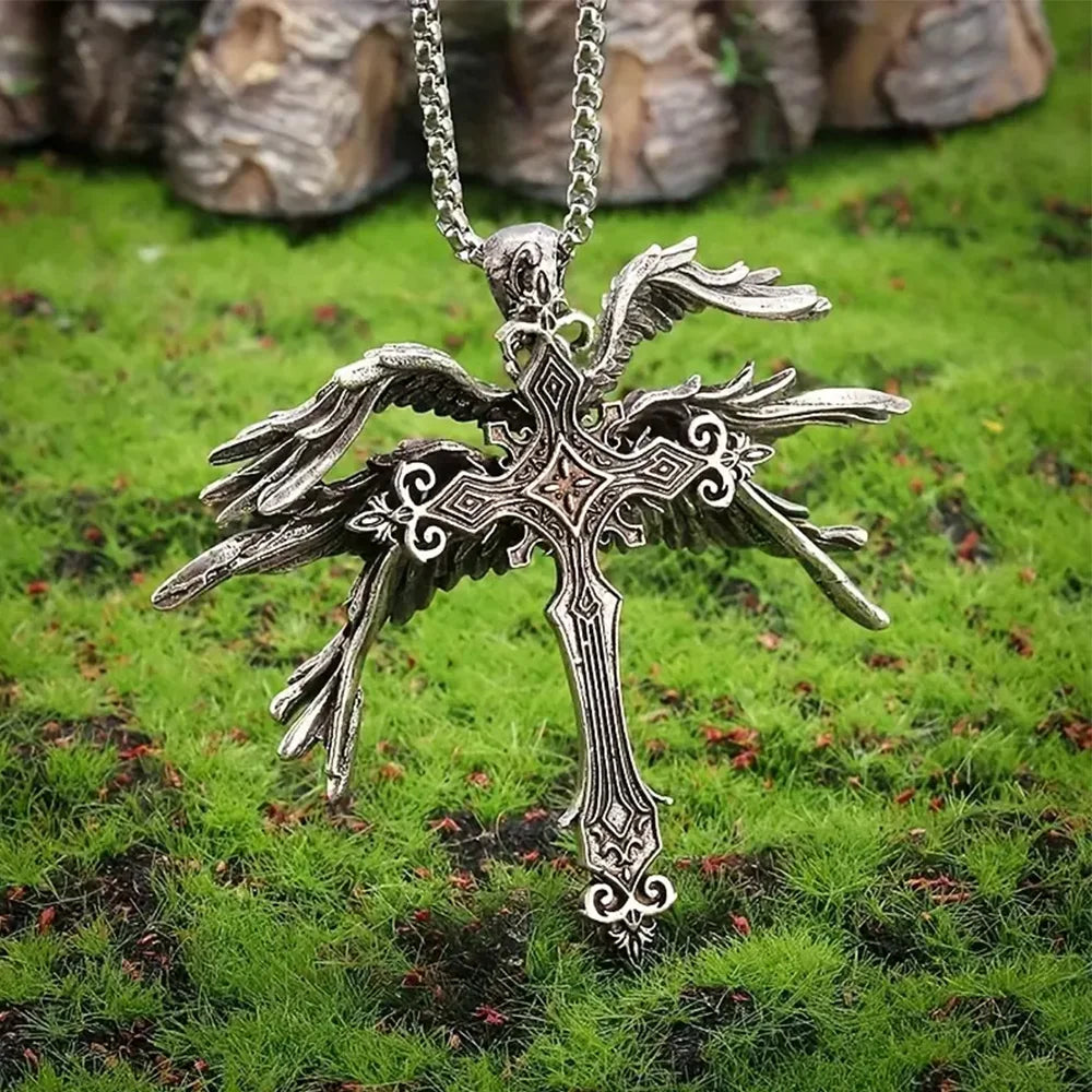 Vintage Gothic Angel Wing Cross Pendant Necklace for Alternative Statement Styling