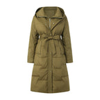 Women's Long Hooded Belted Puffer Coat with Quilted Design Mid-Length Winter Streetwear Outerwear