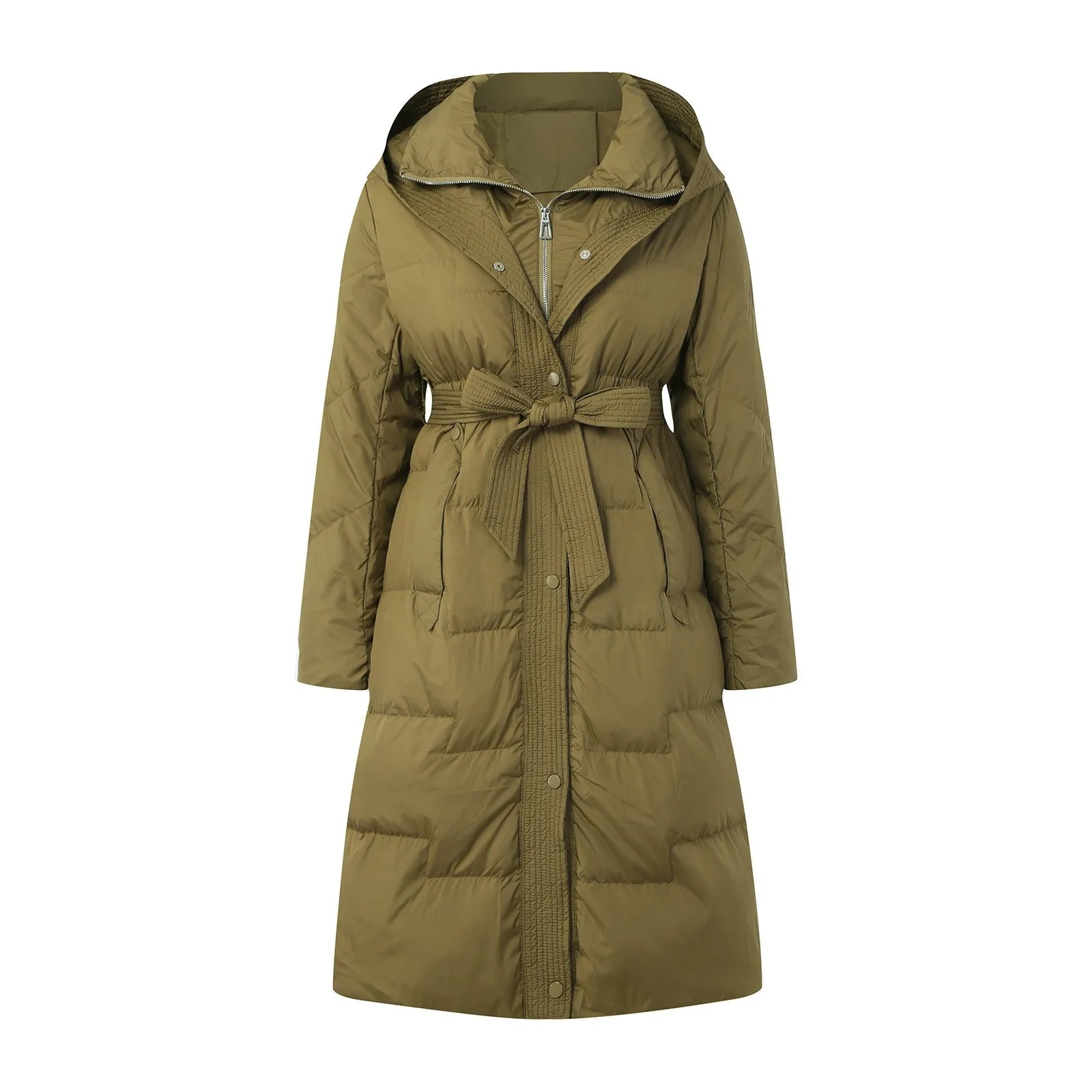 Women's Long Hooded Belted Puffer Coat with Quilted Design Mid-Length Winter Streetwear Outerwear