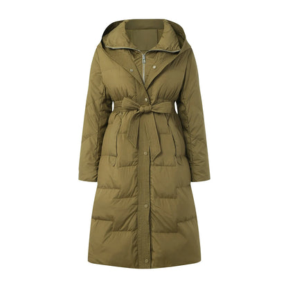 Women's Long Hooded Belted Puffer Coat with Quilted Design Mid-Length Winter Streetwear Outerwear