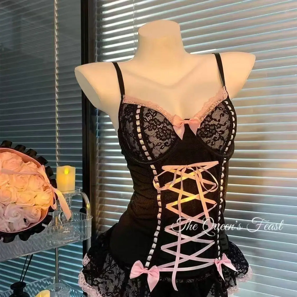 Romantic Black Lace Corset Bodysuit with Contrast Ribbon Lace-Up and Ruffled Trim