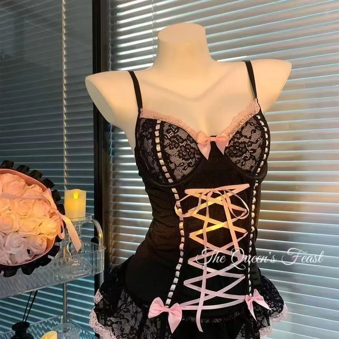 Romantic Black Lace Corset Bodysuit with Contrast Ribbon Lace-Up and Ruffled Trim