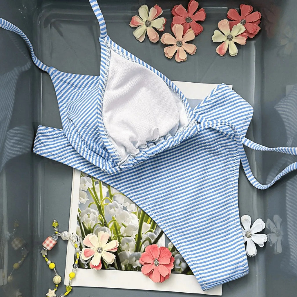 Light Blue and White Striped Triangle String Bikini Set