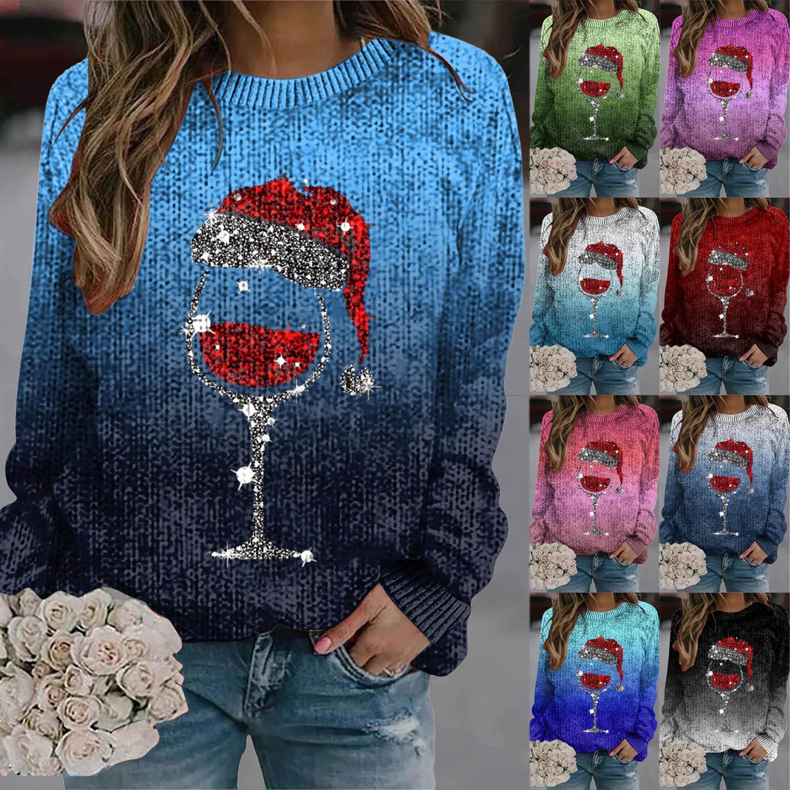 Women's Festive Graphic Crew Neck Thick Knit Pullover Sweater With Relaxed Fit