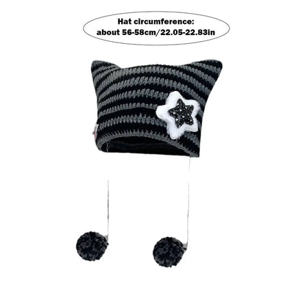 Striped Pointed Knit Beanie with Ear Accents for Playful Streetwear Winter Fashion Style