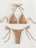 Vibrant Blue Tropical Print Triangle String Bikini
