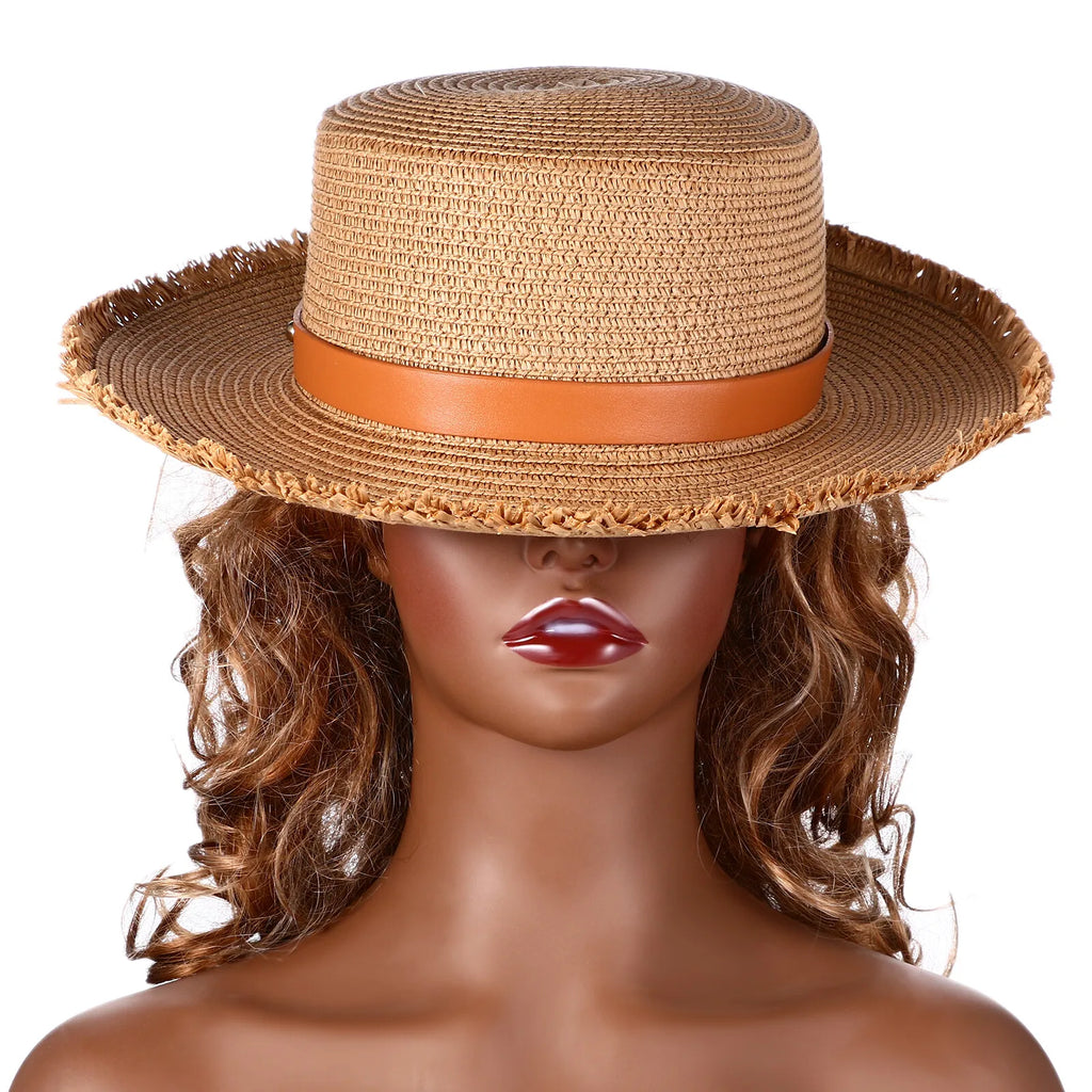 Wide Brim Raffia Straw Fedora Hat with Decorative Band for Beach and Summer Travel