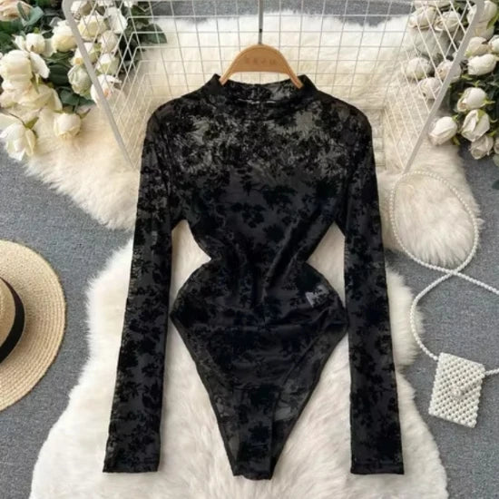 Sheer Mesh Long Sleeve V Neck Bodysuit for Gothic Alternative Styling