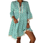 Relaxed Bohemian Tassel-Trimmed Shift Dress in Teal Geometric Print