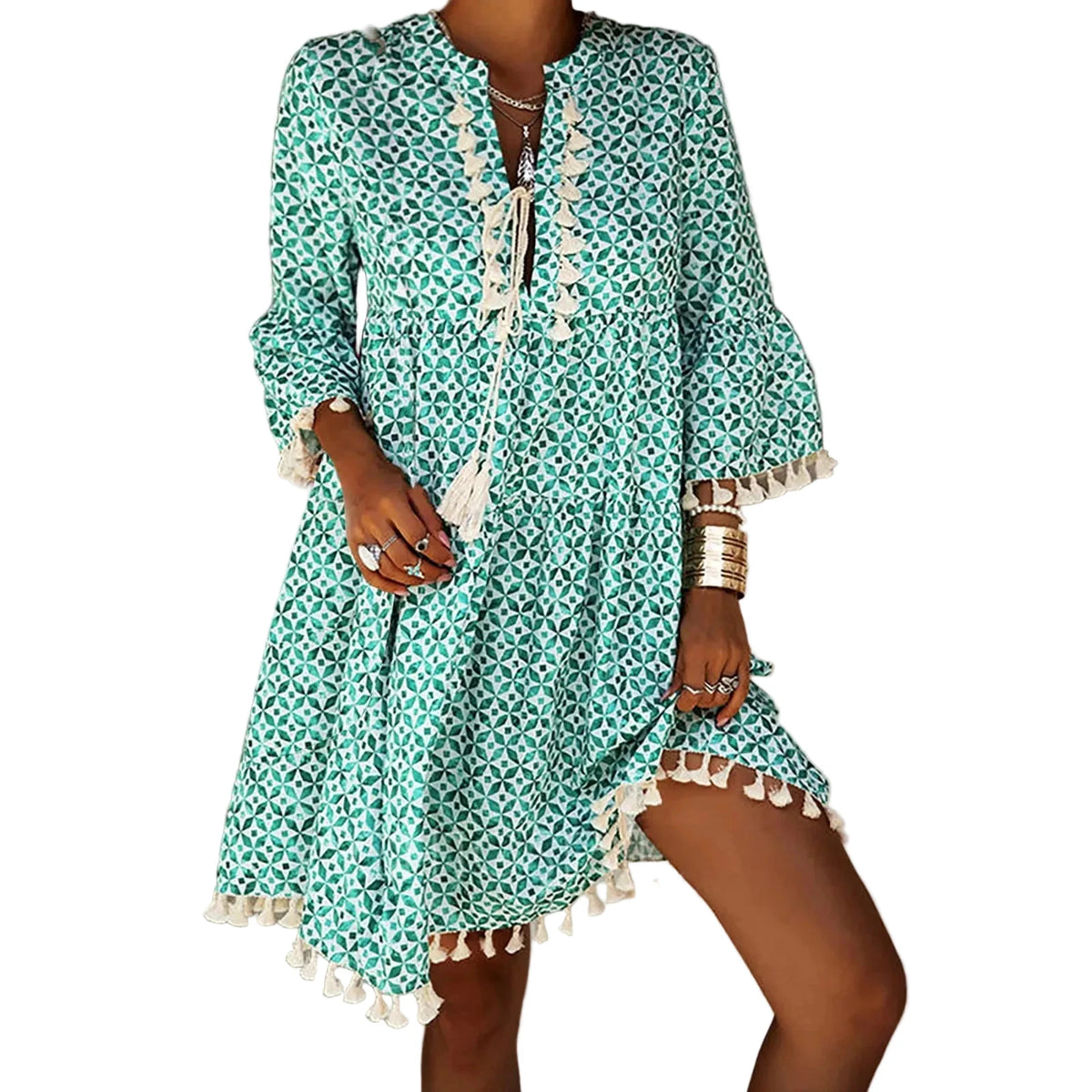 Relaxed Bohemian Tassel-Trimmed Shift Dress in Teal Geometric Print