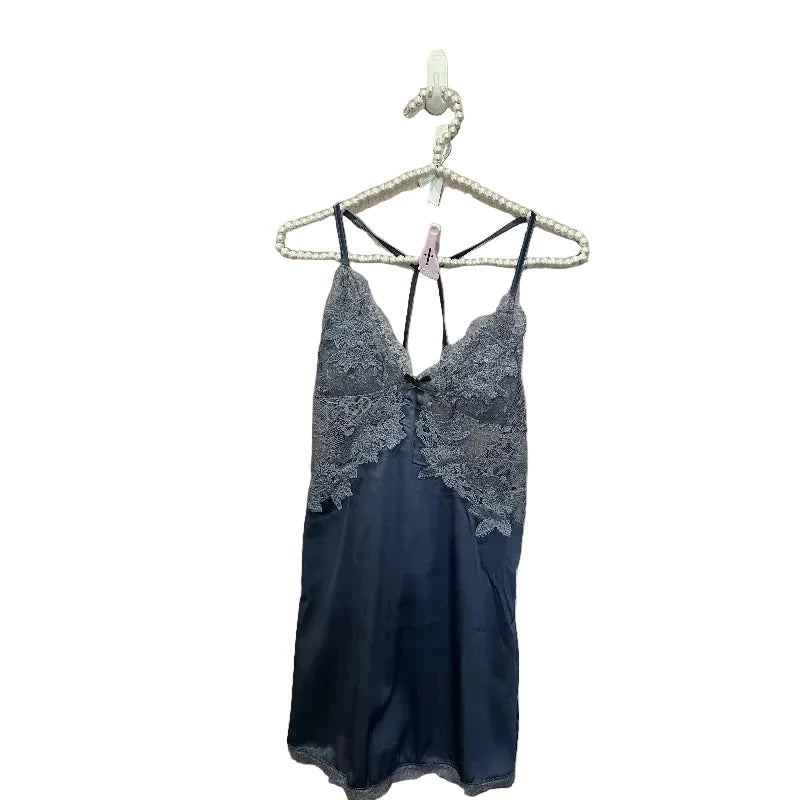 Slate Blue Satin-Finish Chemise with Strappy Back and Sheer Lace Bodice