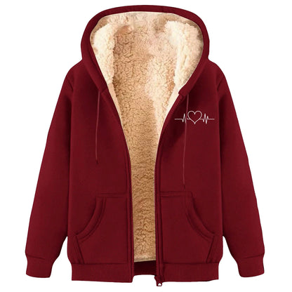 Women's Hooded Plush Fleece Zip Jacket with Minimal Heart Graphic Streetwear Style
