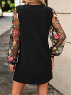 Embroidered Mesh Lantern Sleeve Relaxed Mini Dress with Statement Floral Details