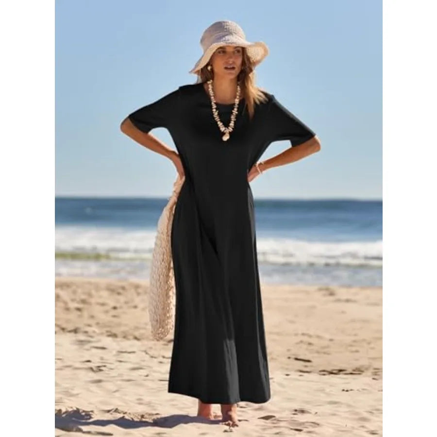 Short Sleeve Maxi T-Shirt Dress with Pockets and Relaxed Silhouette