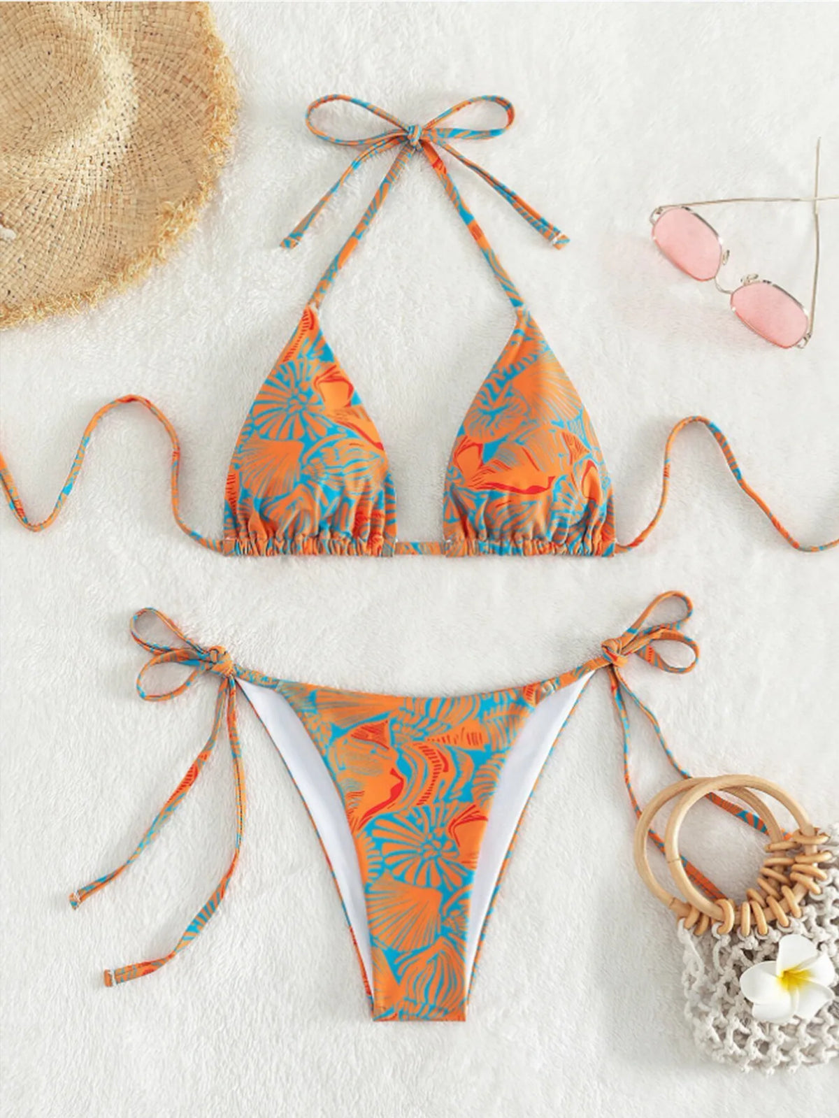 Vibrant Blue Tropical Print Triangle String Bikini