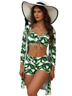 Green Tropical Leaf Print Long-Sleeve Beach Cover-Up Shirt with V-Neck, Button-Down Front and Lightweight Resort Styling