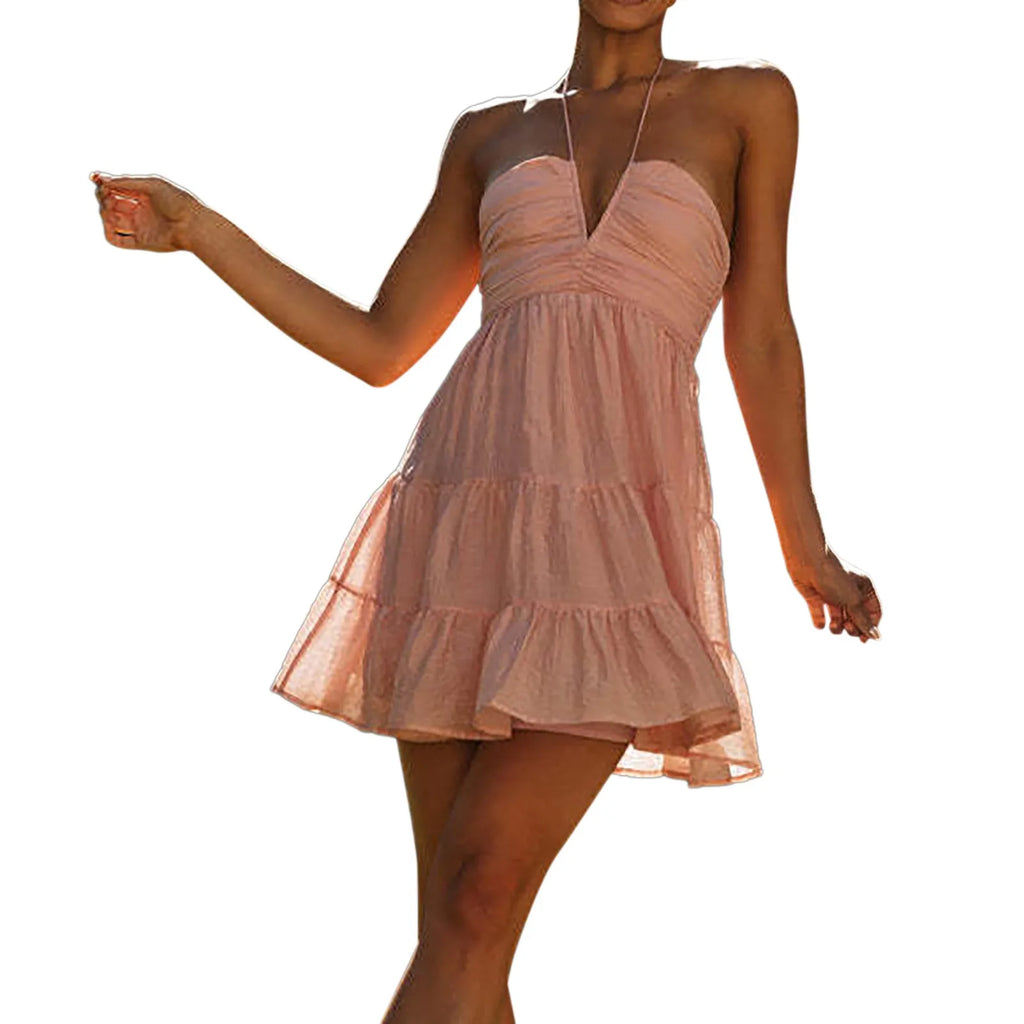 Sage Green Ruched Halter Bodice Dress with Tiered Ruffled Skirt
