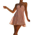 Sage Green Ruched Halter Bodice Dress with Tiered Ruffled Skirt