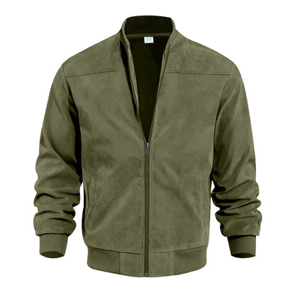 Men's Suede-Style Zip Bomber Jacket with Minimalist Streetwear Design