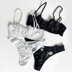 Alluring Black Sheer Mesh and Lace Appliqué Intimates Set
