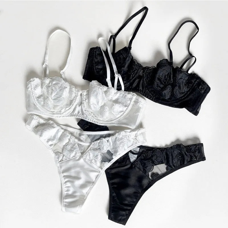 Alluring Black Sheer Mesh and Lace Appliqué Intimates Set