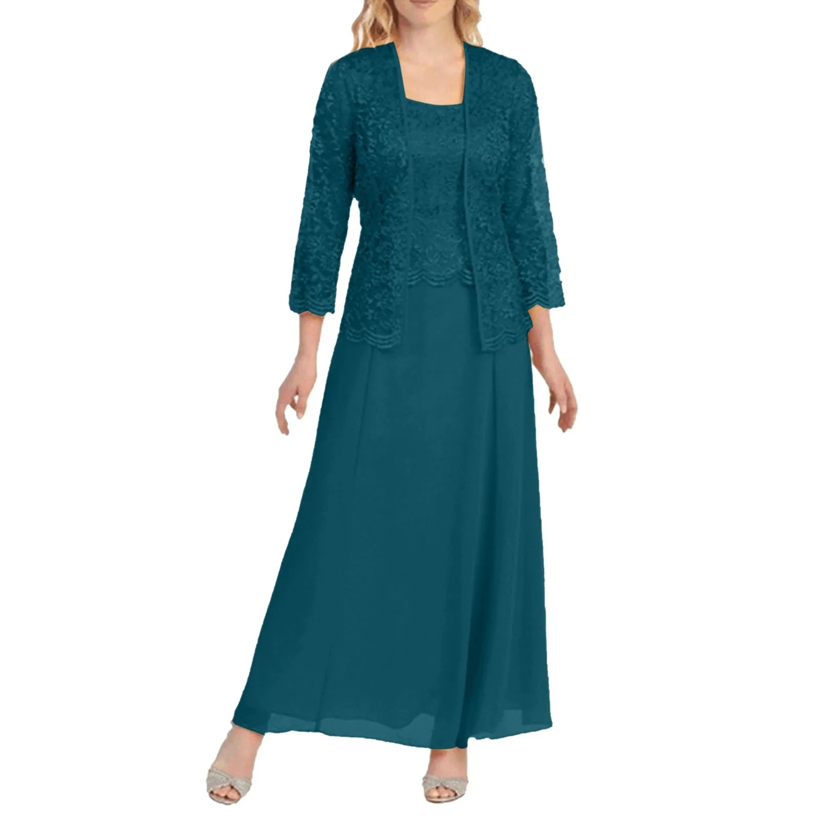 Chiffon Panel Maxi Dress with Lace Details and Long Sleeves
