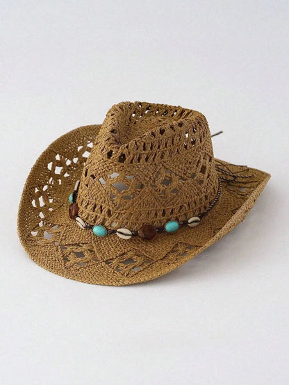 Hollow Woven Straw Cowboy Hat with Decorative Beaded Band for Outdoor Summer Adventures