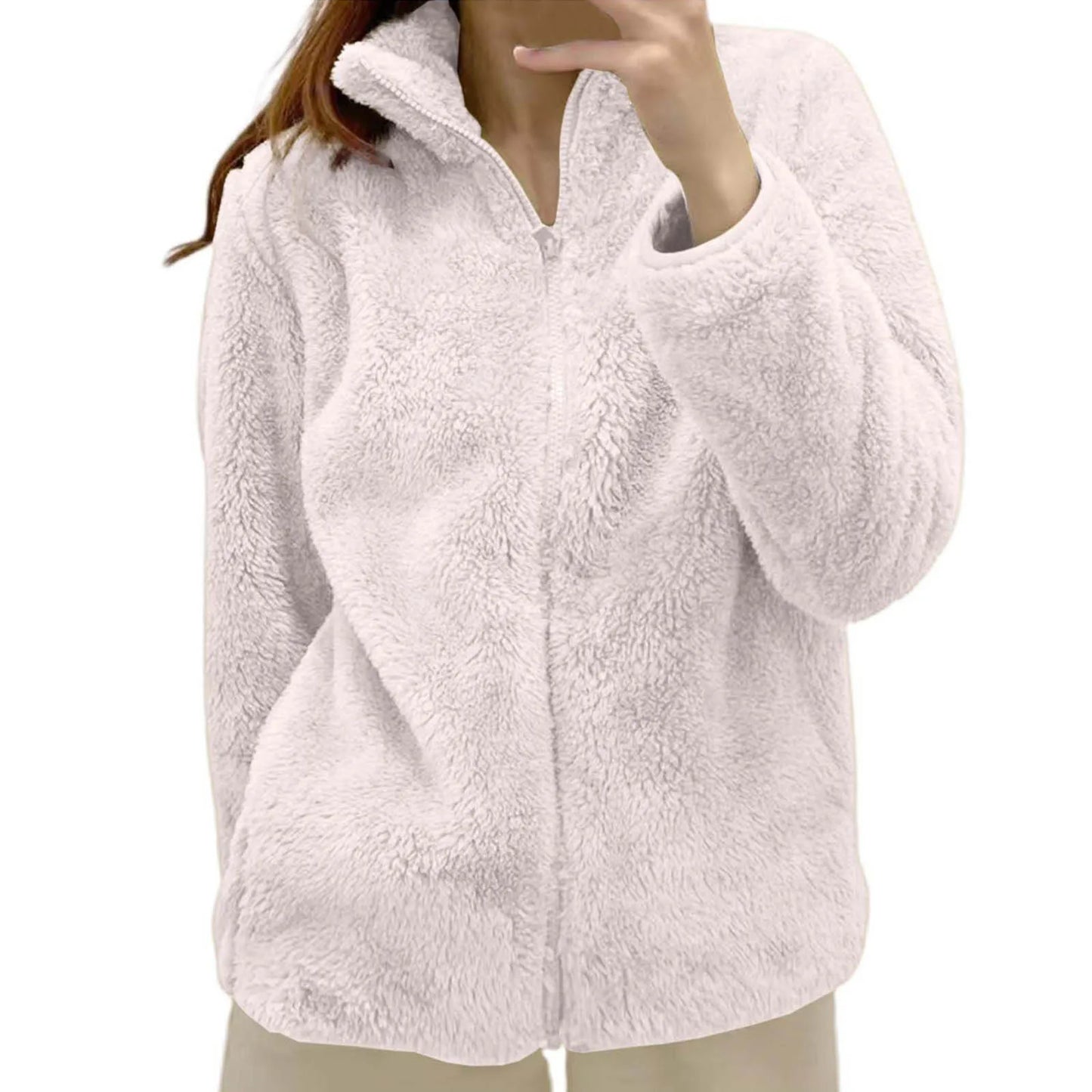Women's Plush Polar Fleece Zip Jacket with Relaxed Streetwear Layering Fit