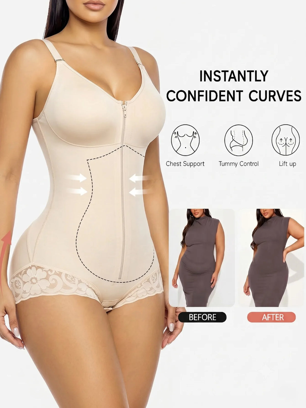 Elegant Zip-Front V-Neck Bodysuit with Lace Hip Detailing