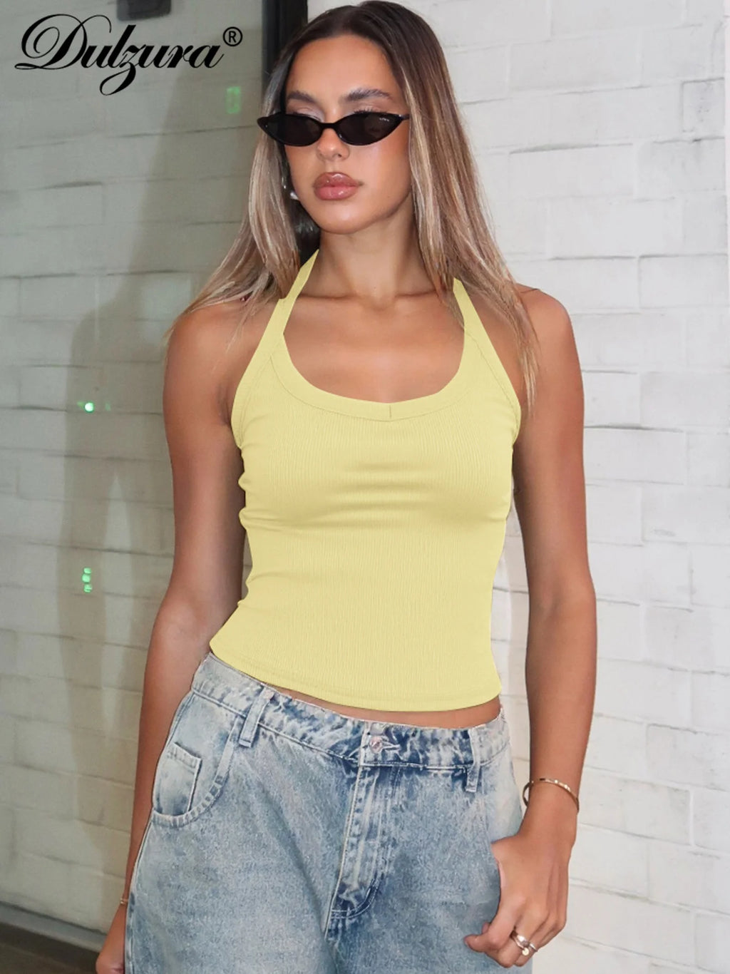 Halter Crop Tank Top with Slim Fit Open Back Contemporary Streetwear Style