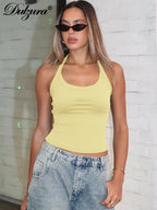 Halter Crop Tank Top with Slim Fit Open Back Contemporary Streetwear Style