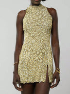 High Neck Sleeveless Bodycon Mini Dress with Patterned Texture and Side Slit