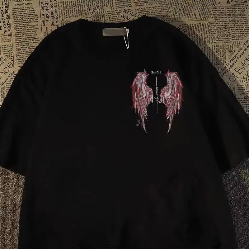 Oversized Wing Graphic Cotton T-Shirt with Vintage High Street Streetwear Design