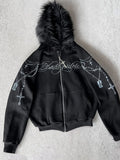 Cropped Anime Goth Zip Hoodie With Distressed Streetwear Aesthetic