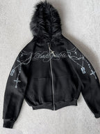 Cropped Anime Goth Zip Hoodie With Distressed Streetwear Aesthetic