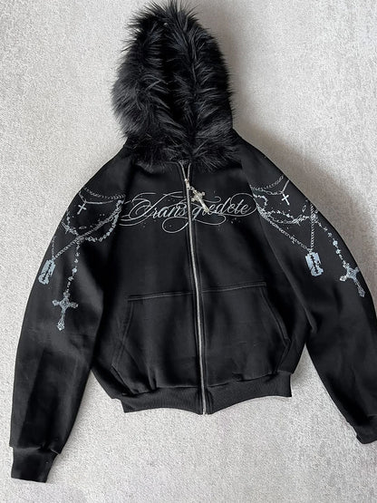Cropped Anime Goth Zip Hoodie With Distressed Streetwear Aesthetic
