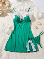 Lavender Lace-Trimmed Babydoll Nightdress with Matching Panty and Side Slit Detail