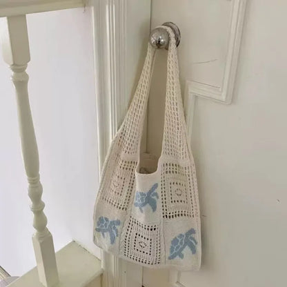 Open Knit Tote Shoulder Bag with Large Capacity Casual Design