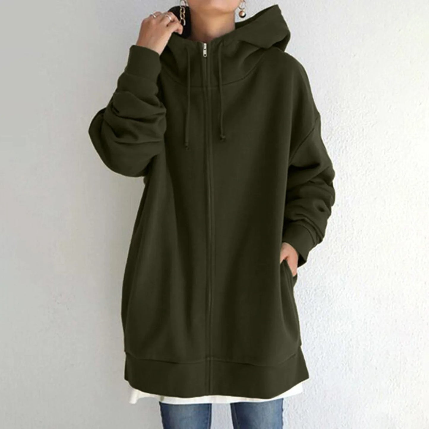 Women's Mid-Length Oversized Hooded Sweatshirt Relaxed Streetwear Pullover with Front Pocket