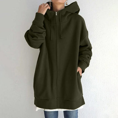 Women's Mid-Length Oversized Hooded Sweatshirt Relaxed Streetwear Pullover with Front Pocket