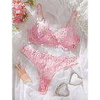 Delicate Pink Floral Embroidery Underwire Bra and Panty Lingerie Set